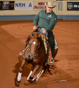 image of Shawn Flarida on Shine N Spook, 2014 NRHA Futurity Open Co-Champion.
